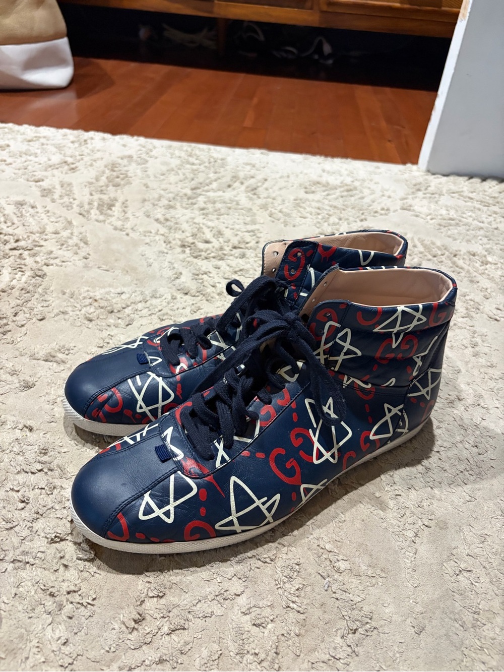 Gucci Navy High-Top Sneakers with Red and White Graffiti